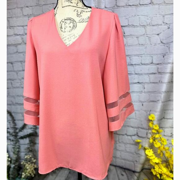 Casual V Neck 3/4 Bell Sleeve Mesh Panel Blouse Coral XL - Picture 1 of 7